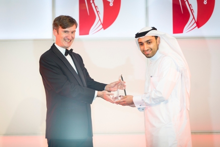 Abdullatif Al Mahmood (right) receives his Young Accountant of the Year’ gong during the ICAEW Middle East Accounting and Finance Excellence Awards at a gala ceremony held at the Ritz-Carlton, Abu Dhabi.