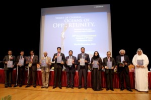 WAVES OF CHANGE: Guests pose for a group photo during the ‘Brochure Release’ at an event dubbed ‘Waves of Change… Oceans of Opportunity’ organised by ICAI Abu Dhabi. 